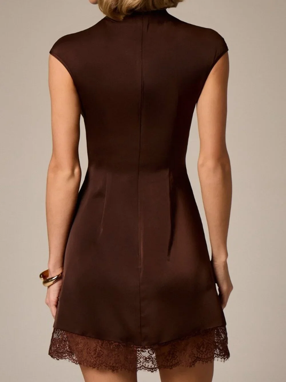 Brown Elegant Cap Sleeve Mock Neck Lace Trim Bodycon Women's Mini Dress - Picture 2 of 5